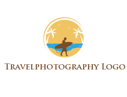 circular logo with palm trees and a surfer walking on the beach