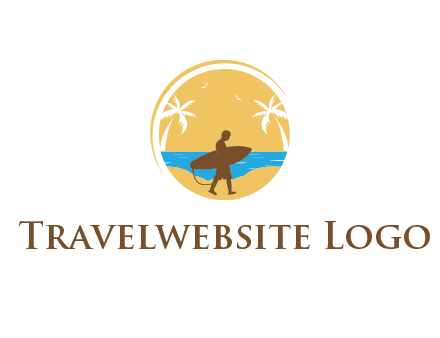 circular logo with palm trees and a surfer walking on the beach