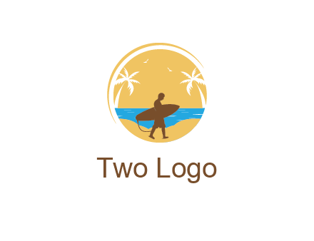 circular logo with palm trees and a surfer walking on the beach