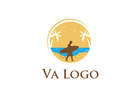 circular logo with palm trees and a surfer walking on the beach