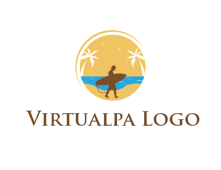 circular logo with palm trees and a surfer walking on the beach