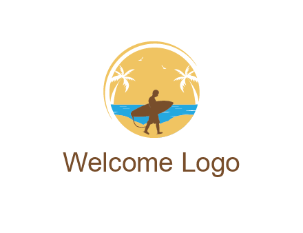 circular logo with palm trees and a surfer walking on the beach