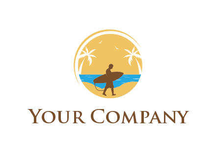 circular logo with palm trees and a surfer walking on the beach