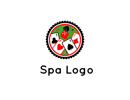 aces of cards, poker or casino chips and dice inside circular gambling logo