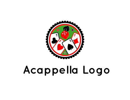 aces of cards, poker or casino chips and dice inside circular gambling logo