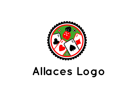 aces of cards, poker or casino chips and dice inside circular gambling logo