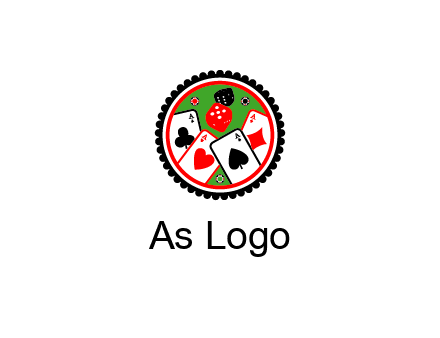 aces of cards, poker or casino chips and dice inside circular gambling logo