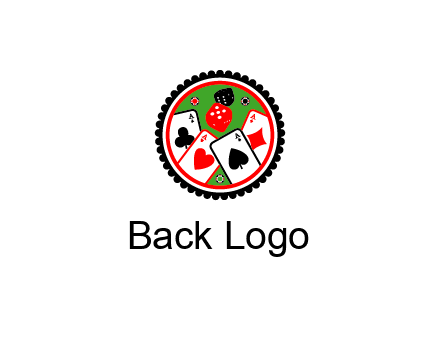aces of cards, poker or casino chips and dice inside circular gambling logo