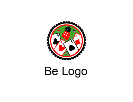 aces of cards, poker or casino chips and dice inside circular gambling logo
