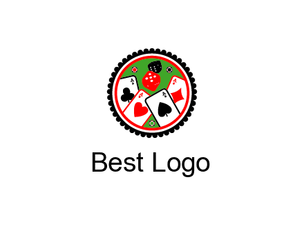 aces of cards, poker or casino chips and dice inside circular gambling logo