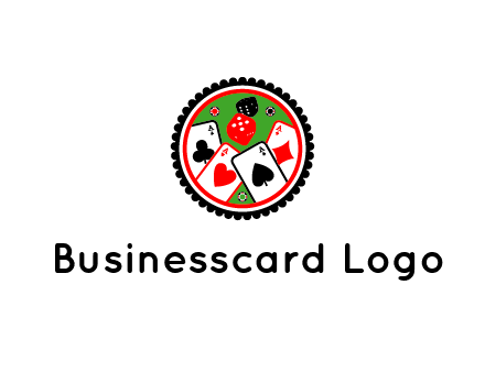 aces of cards, poker or casino chips and dice inside circular gambling logo