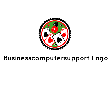 aces of cards, poker or casino chips and dice inside circular gambling logo