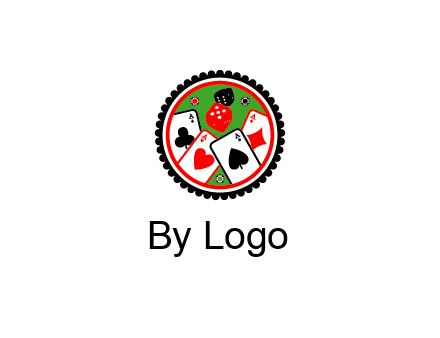 aces of cards, poker or casino chips and dice inside circular gambling logo