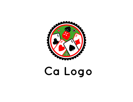 aces of cards, poker or casino chips and dice inside circular gambling logo