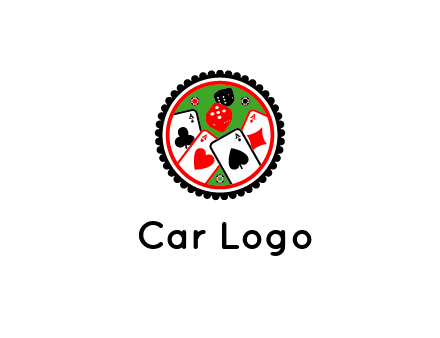 aces of cards, poker or casino chips and dice inside circular gambling logo