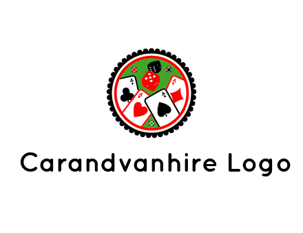 aces of cards, poker or casino chips and dice inside circular gambling logo
