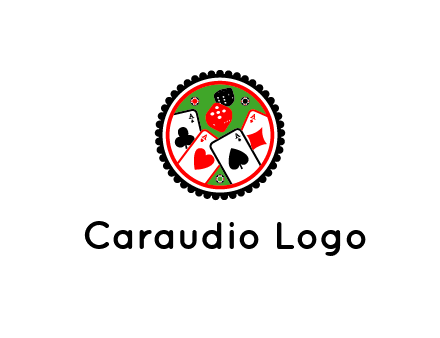 aces of cards, poker or casino chips and dice inside circular gambling logo