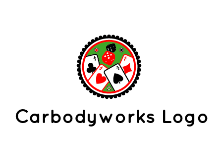 aces of cards, poker or casino chips and dice inside circular gambling logo