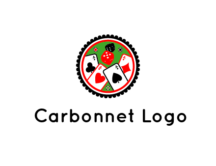 aces of cards, poker or casino chips and dice inside circular gambling logo