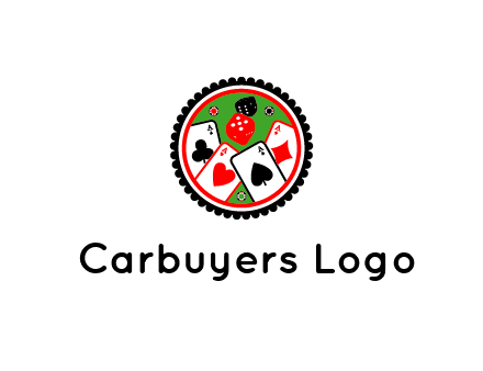 aces of cards, poker or casino chips and dice inside circular gambling logo
