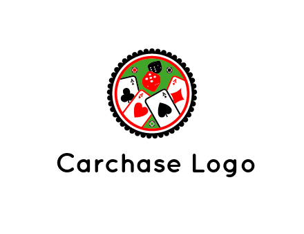 aces of cards, poker or casino chips and dice inside circular gambling logo