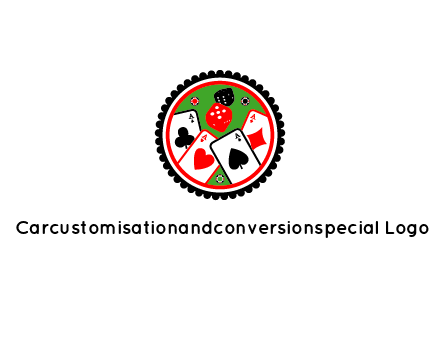 aces of cards, poker or casino chips and dice inside circular gambling logo