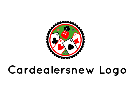 aces of cards, poker or casino chips and dice inside circular gambling logo