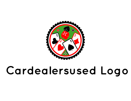 aces of cards, poker or casino chips and dice inside circular gambling logo