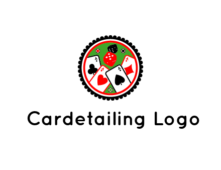 aces of cards, poker or casino chips and dice inside circular gambling logo
