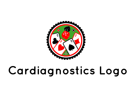 aces of cards, poker or casino chips and dice inside circular gambling logo