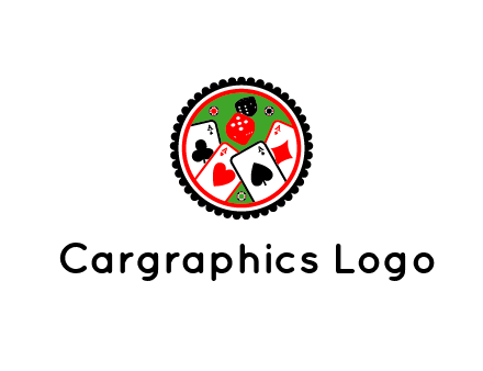 aces of cards, poker or casino chips and dice inside circular gambling logo