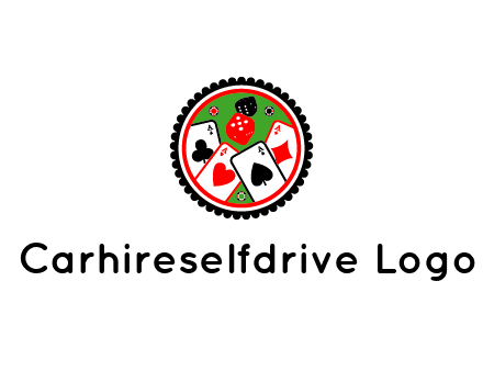 aces of cards, poker or casino chips and dice inside circular gambling logo