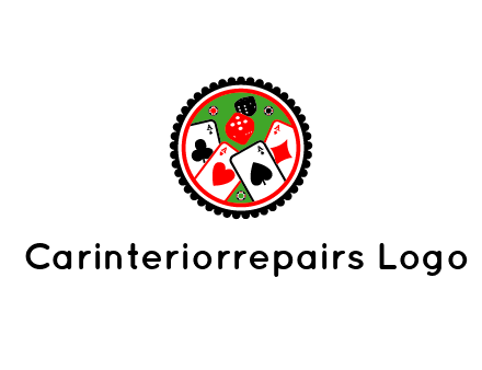 aces of cards, poker or casino chips and dice inside circular gambling logo