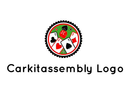 aces of cards, poker or casino chips and dice inside circular gambling logo