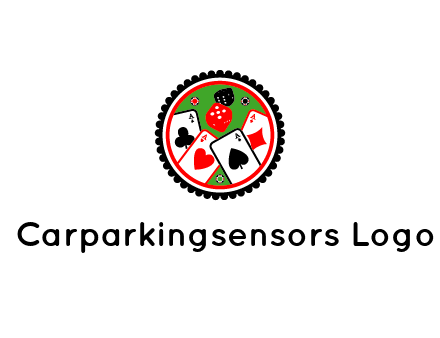 aces of cards, poker or casino chips and dice inside circular gambling logo