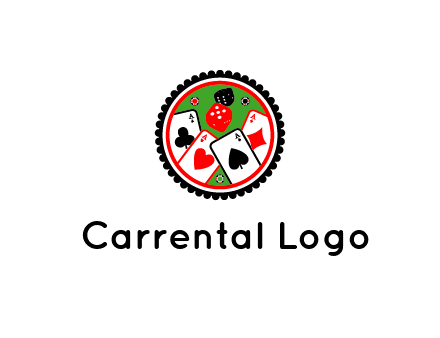 aces of cards, poker or casino chips and dice inside circular gambling logo