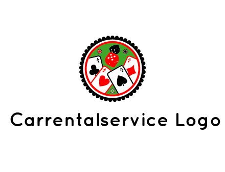 aces of cards, poker or casino chips and dice inside circular gambling logo