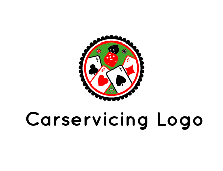 aces of cards, poker or casino chips and dice inside circular gambling logo