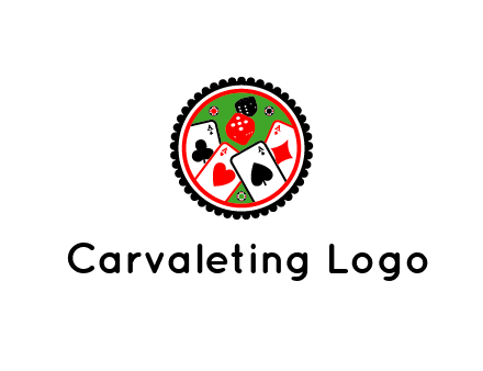 aces of cards, poker or casino chips and dice inside circular gambling logo