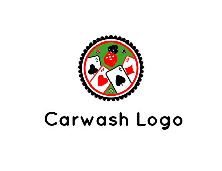 aces of cards, poker or casino chips and dice inside circular gambling logo