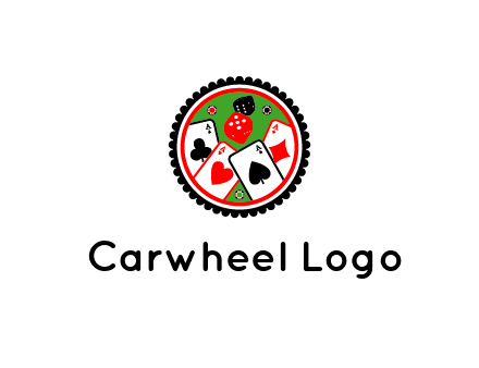 aces of cards, poker or casino chips and dice inside circular gambling logo