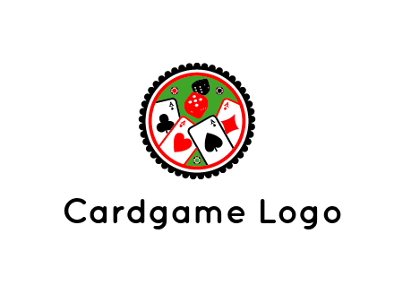 aces of cards, poker or casino chips and dice inside circular gambling logo