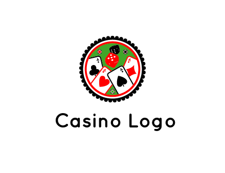 aces of cards, poker or casino chips and dice inside circular gambling logo