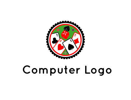 aces of cards, poker or casino chips and dice inside circular gambling logo