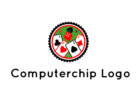 aces of cards, poker or casino chips and dice inside circular gambling logo