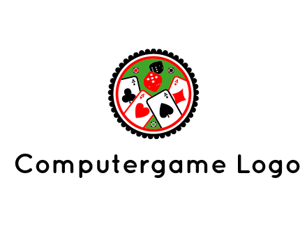 aces of cards, poker or casino chips and dice inside circular gambling logo