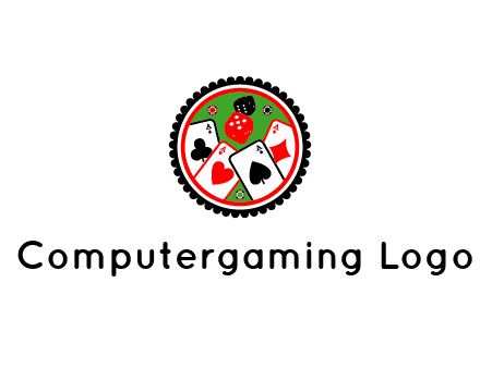 aces of cards, poker or casino chips and dice inside circular gambling logo