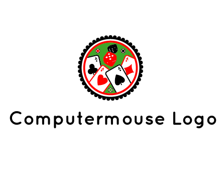 aces of cards, poker or casino chips and dice inside circular gambling logo