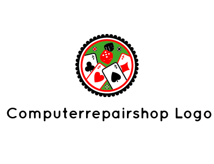 aces of cards, poker or casino chips and dice inside circular gambling logo