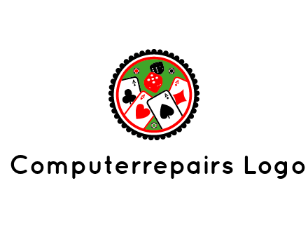 aces of cards, poker or casino chips and dice inside circular gambling logo